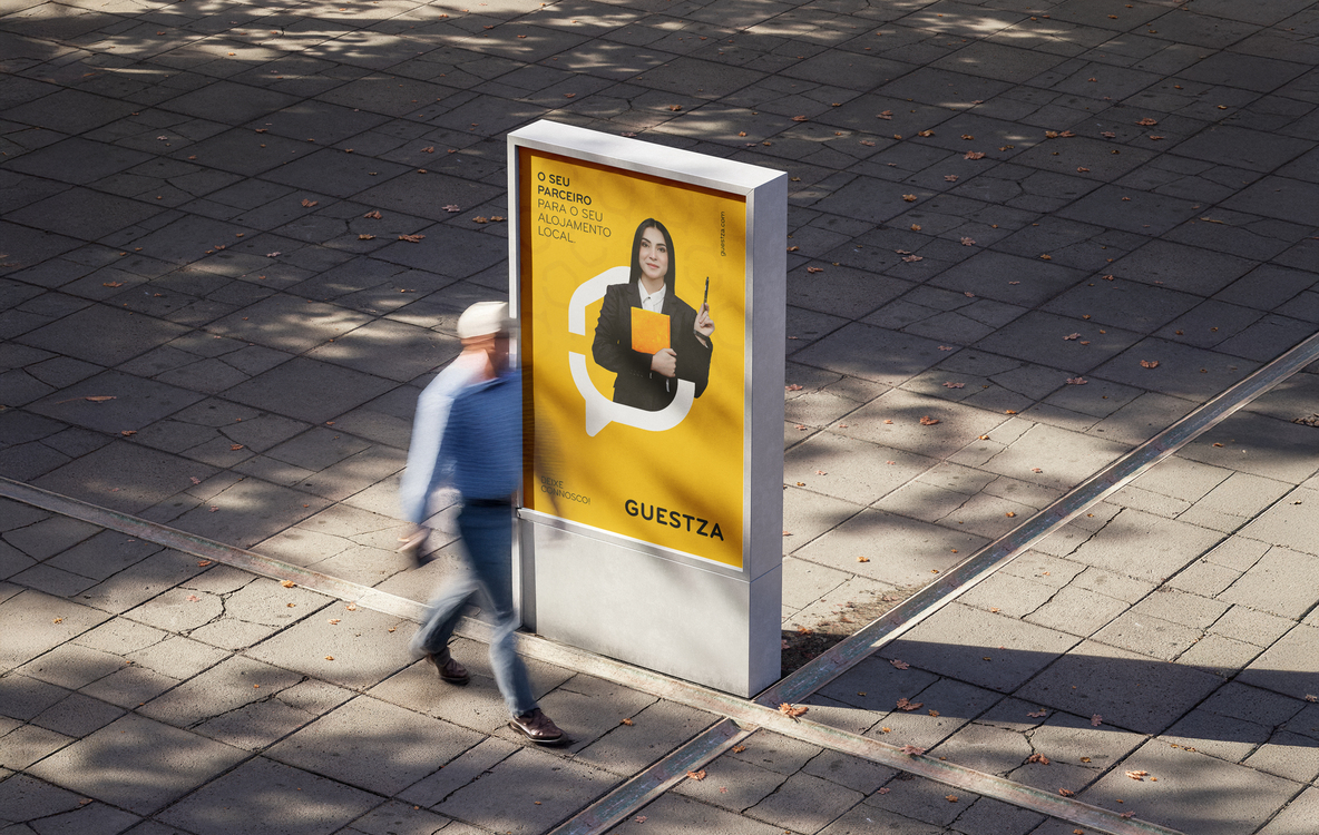 Visual identity design and branding materials presentation mockup for Guestza.
